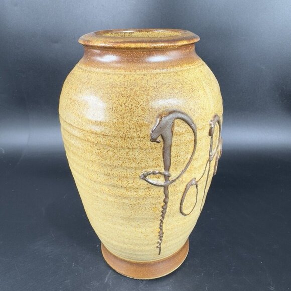 Hand Made Studio Art Pottery Vase Vessel Popcorn Brown Stoneware Vase Signed - Picture 11 of 13